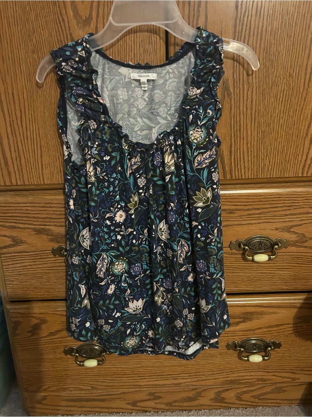 Maurices Navy Floral Ruffle-Trim Top - Size Small